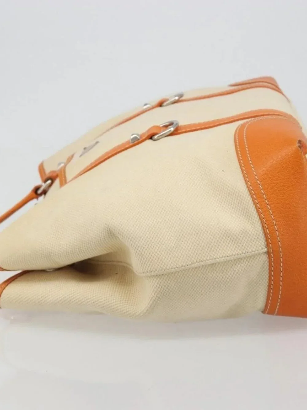 PRADA Tote Bag Canvas Beige Silver Auth ka4818V